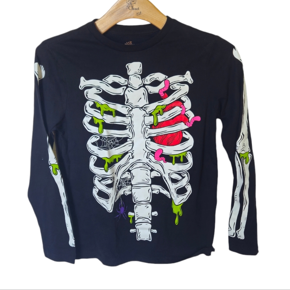 Celebrate! Skeleton Halloween Shirt Boy's Size Large 10/12 Longsleeve Black